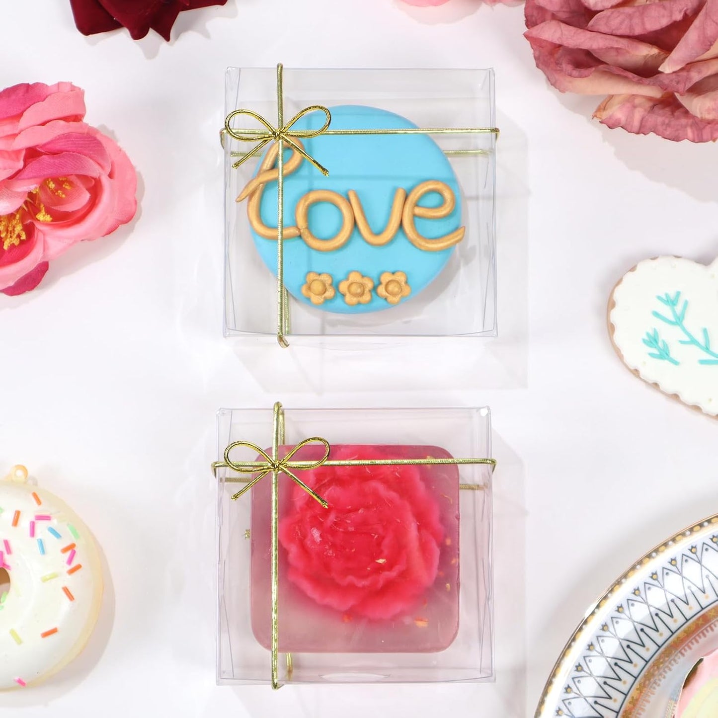 RomanticBaking 3¼"x3¼x1½50PCS Full Clear Cookie Boxes Soap Boxes Chocolate Truffle Boxes,Donut Boxes Macaron Boxes Mini Bakery Boxes Brownie Box Chocolate Covered Strawberry Boxes
