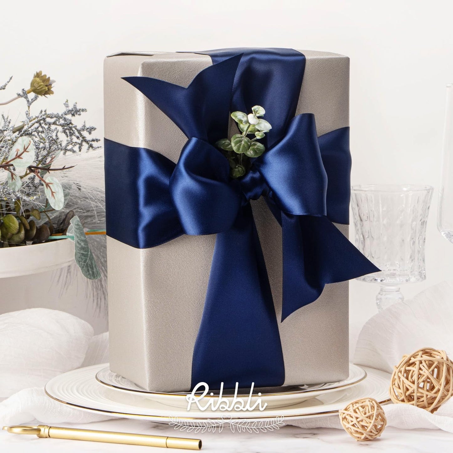 Ribbli Navy Double Faced Satin Ribbon, 3” x Continuous 10 Yards,Use for Bows Bouquet,Gift Wrapping,Floral Arrangement,Wedding Decoration