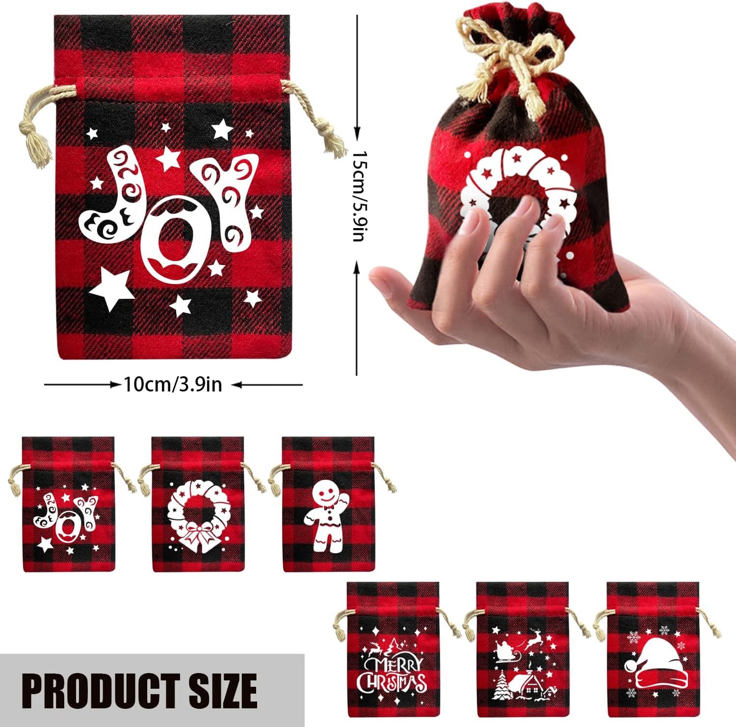 CCINEE 36Pcs Christmas Buffalo Plaid Drawstring Bags Red and Black Plaid Xmas Burlap Bag Reusable Treat Candy Bag Cotton Gift Bags with Drawstrings for Candy Wrapper Christmas Party Favors