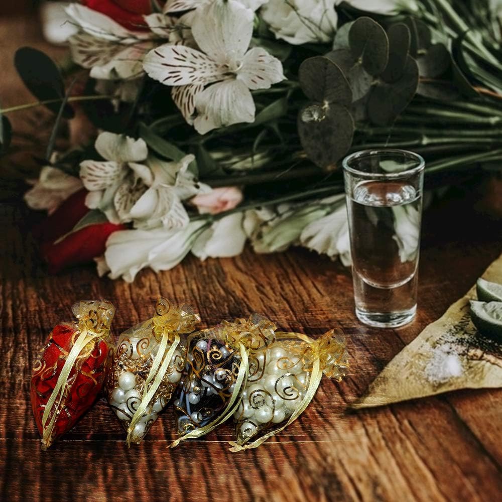 Staruby Organza Gift Bag 100Pcs Gold Sheer Organza Bag Mesh Favor Bags Drawstring Jewelry Rattan Printed Gift Pouches for Wedding Party Favors Couple Shower Christmas Gifts Candy Bags (3x4 Inches)