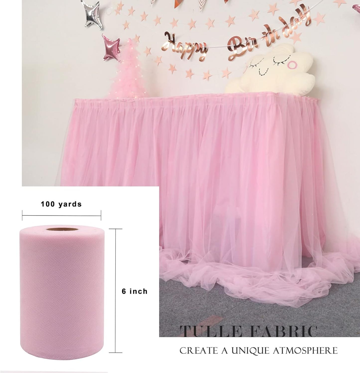 Light Pink Tulle Fabric Roll 6 Inch X 300 FT (100 Yards) Matte Tulle Ribbon Netting Mesh Spool for DIY Tutu Skirt Wedding Bow Gift Wrapping Baby Shower Christmas Party Halloween Decorations