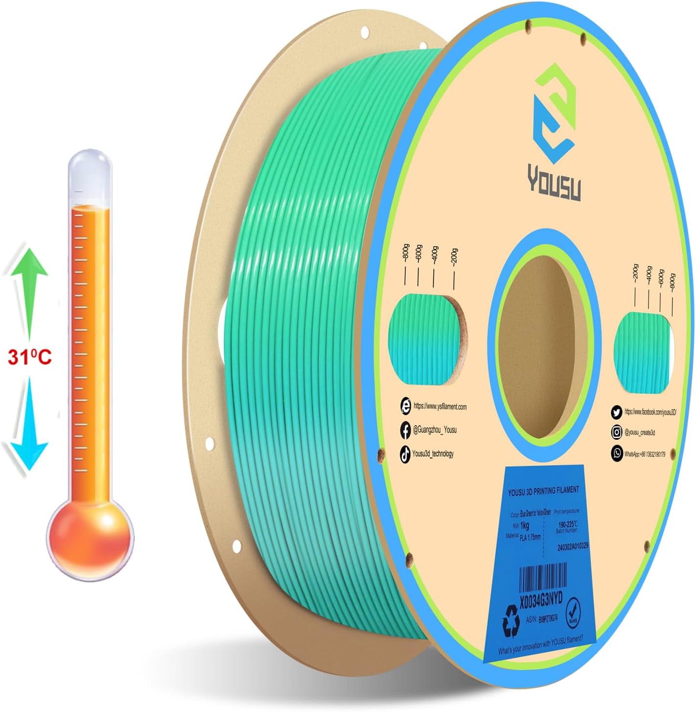 YOUSU 1.75 mm PLA 3D Printer Filament Color Change by Temperature PLA Filament Blue Green to Yellow Green PLA 1kg 3D Printing Filament for 3D Printer & 3D Pen.