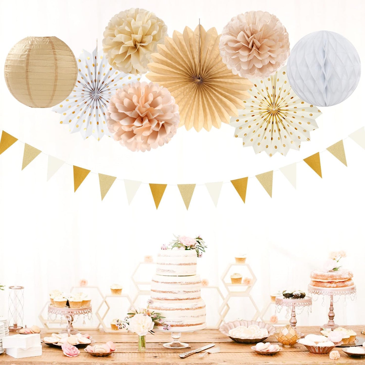 Beige-Champagne Gold White-Peach Boho Party-Decorations - 20pcs Neutral Baby Shower Rustic Wedding Paper Lanterns Fans,Tissue Pom Poms,Honeycomb Balls,Bunting,Birthday Bridal Decor Burgleda