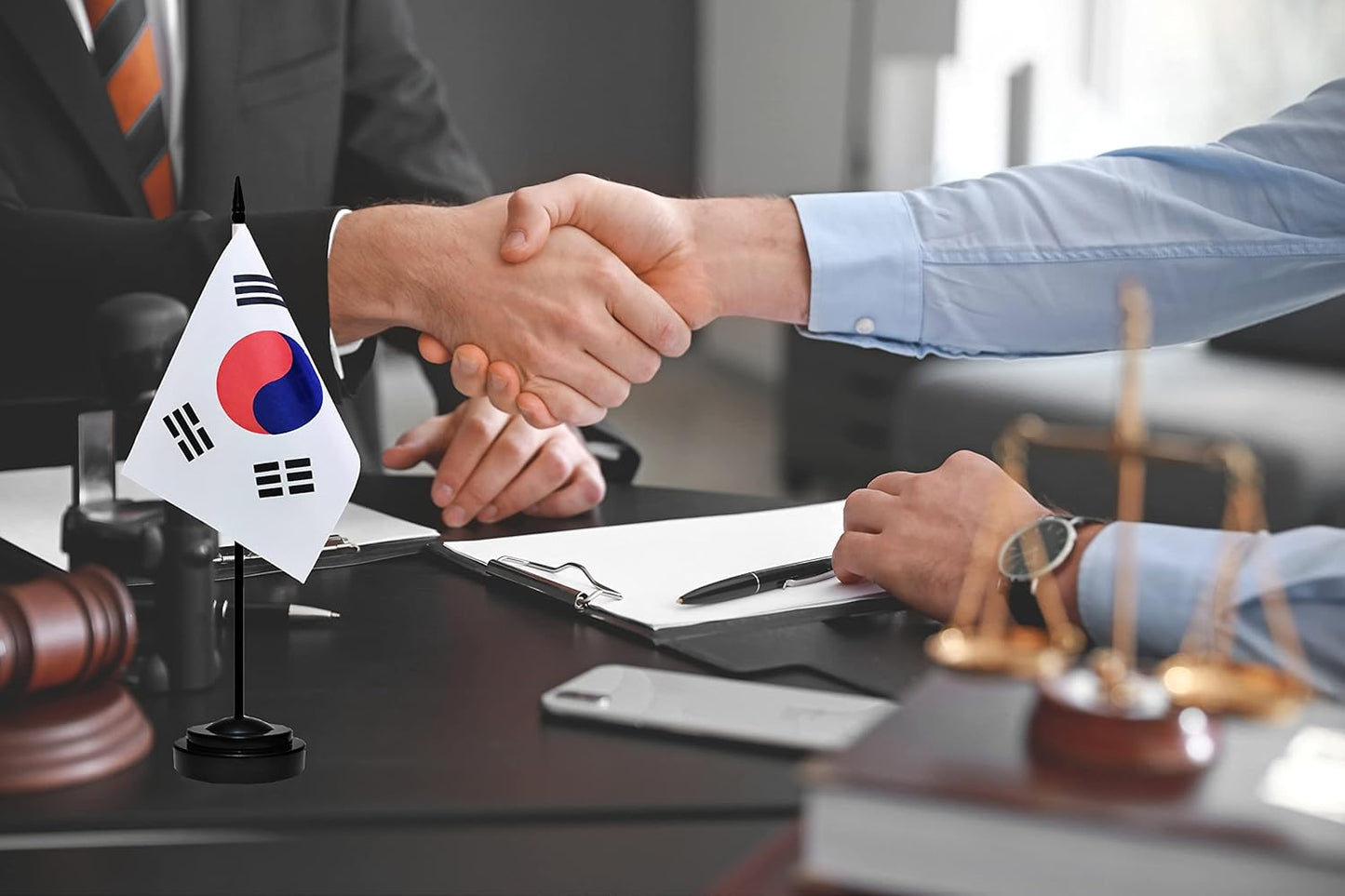 South Korea Korean Deluxe Desk Flag Set Small Mini Miniature South Korea Korean Table Desktop Flags With Solid Pole, Black Base and Spear Top(2 Pack)