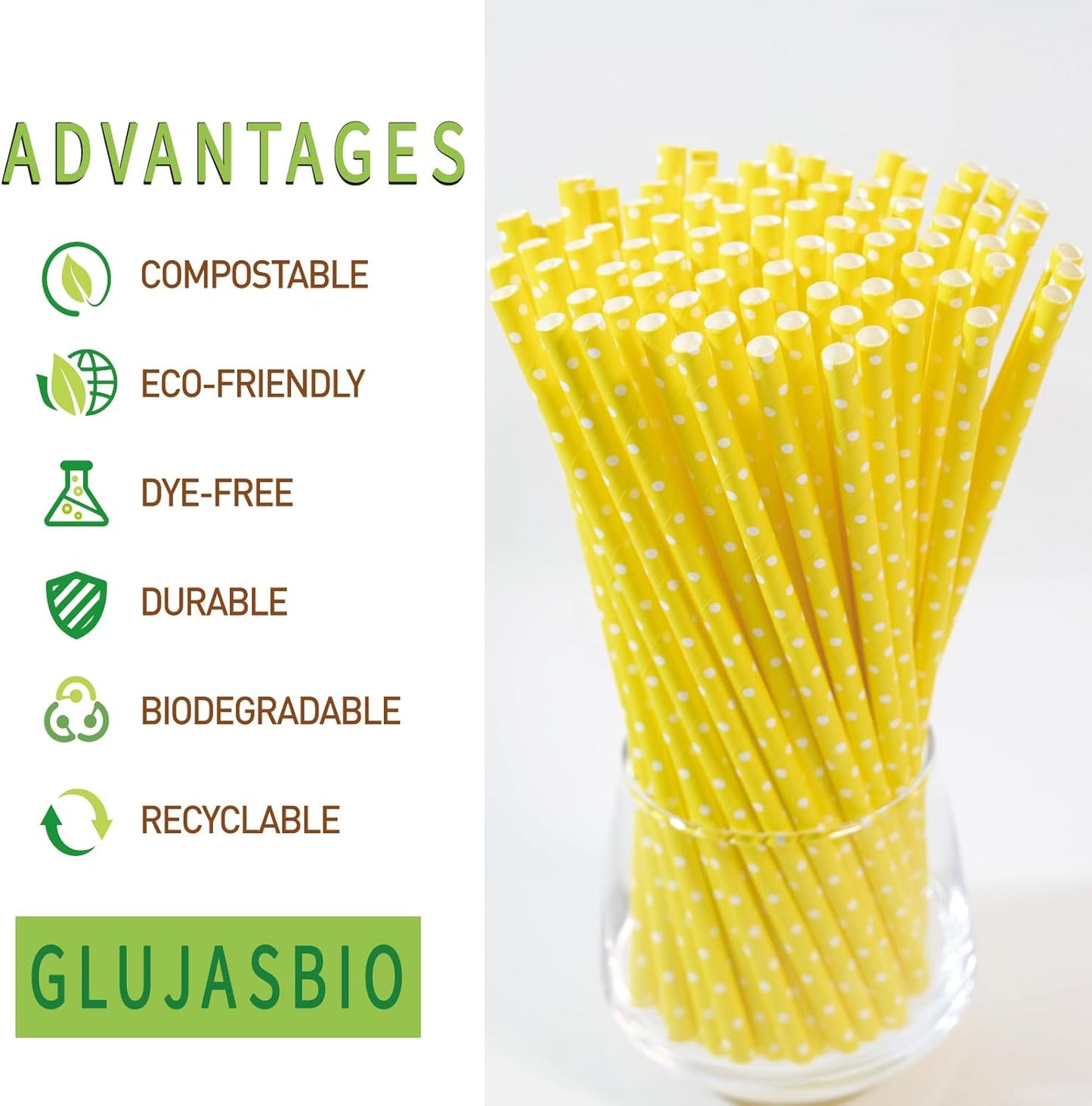 GLUJASBIO Cute Paper Straws Drinking - Pastel Yellow White Dots Paper Straws Bulk for Party, Baby Shower, Dessert Shop, Restaurants, 7.75" x 0.24"