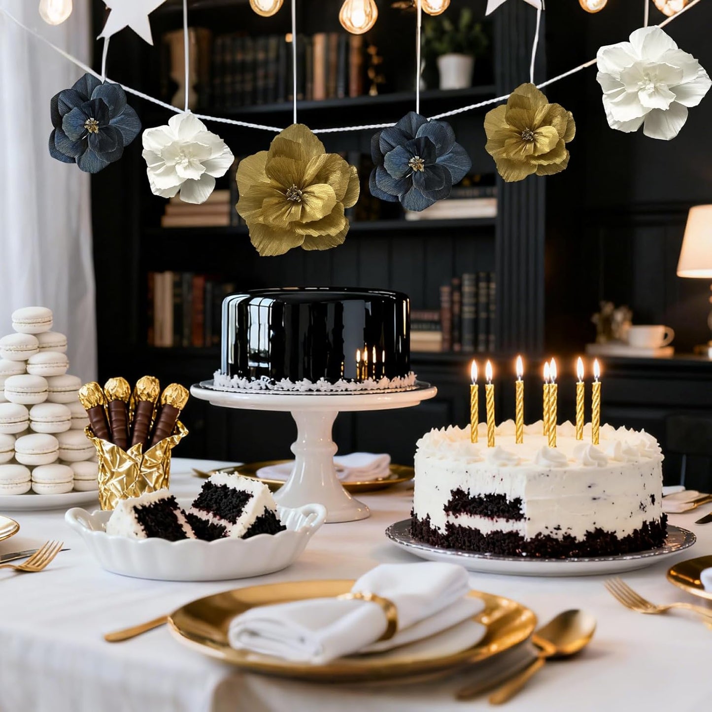 BRT Bearingshui Crepe Paper Flowers Decoration for Wall Total 9 Pcs, Artificial Flowers Backdrop for Wedding Decor Baby Bridal Shower Birthday Party, Gold White Black 3D Wall Flowers Decor