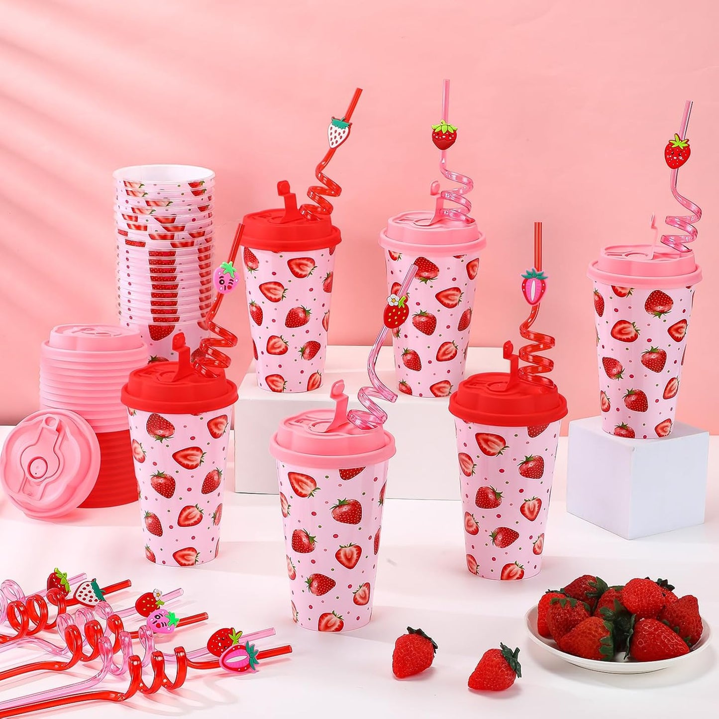 Yungyan 16 Sets Strawberry Party Favors Goodie Cups with Lids and Straws for Birthday Decorations Reusable 16oz Plastic Candy Cups Plastic Straws for Birthday Party (Strawberry)
