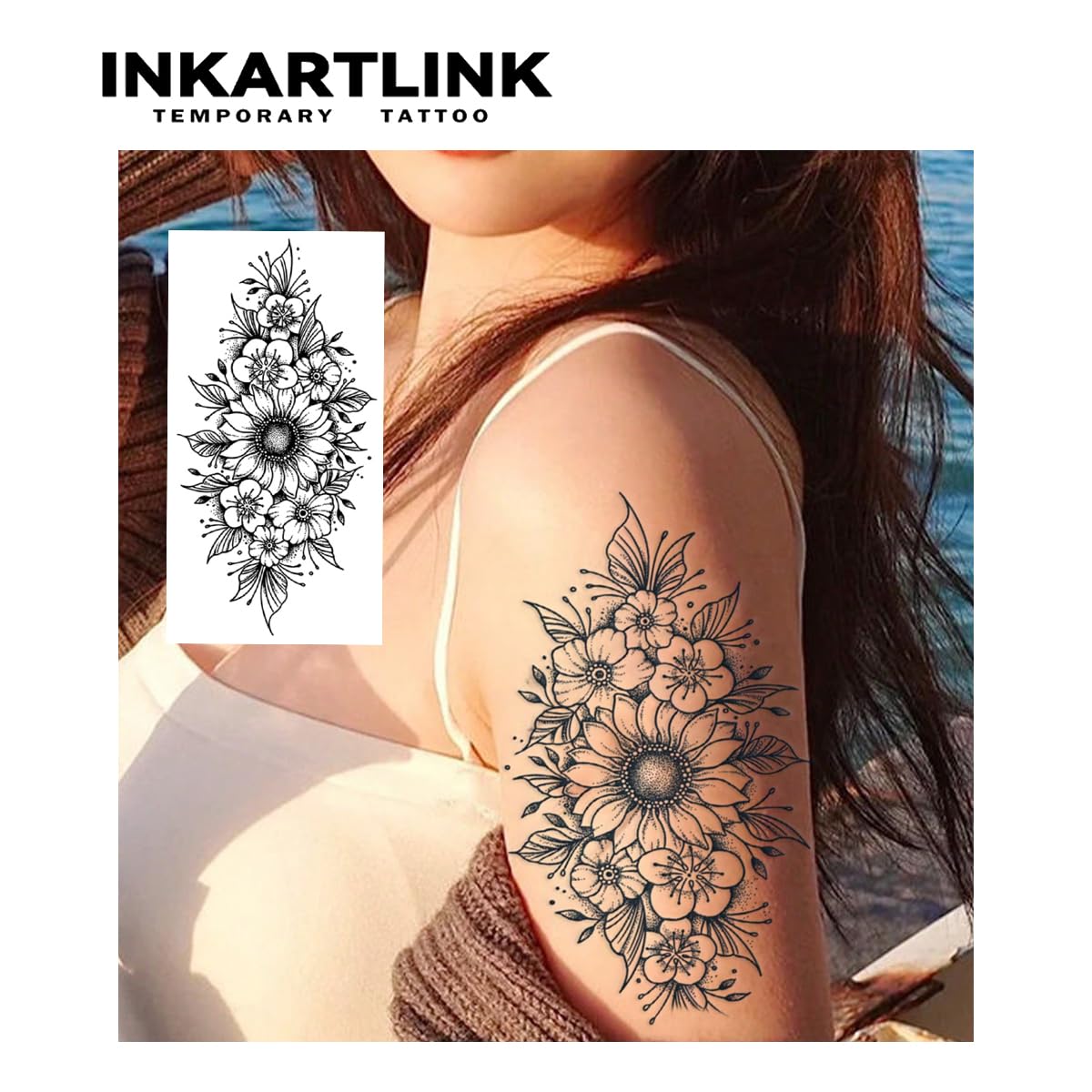 INKARTLINK Tattoo Tech, 2 Sheets Extra-Large Semi Permanent Tattoo, Adult Art Design Temporary Tattoos, Lasts 1-2 Weeks, Waterproof, Realistic Look, No Adhesive, No Reflection (Flower Design)