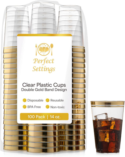 Perfect Settings Premium Double Gold Rimmed Disposable Plastic Cups, Durable Clear Plastic Drinking Glasses for Cold Beverages & Cocktails, BPA-FREE, Disposable Wedding Cups, 14 oz. (Pack of 100)