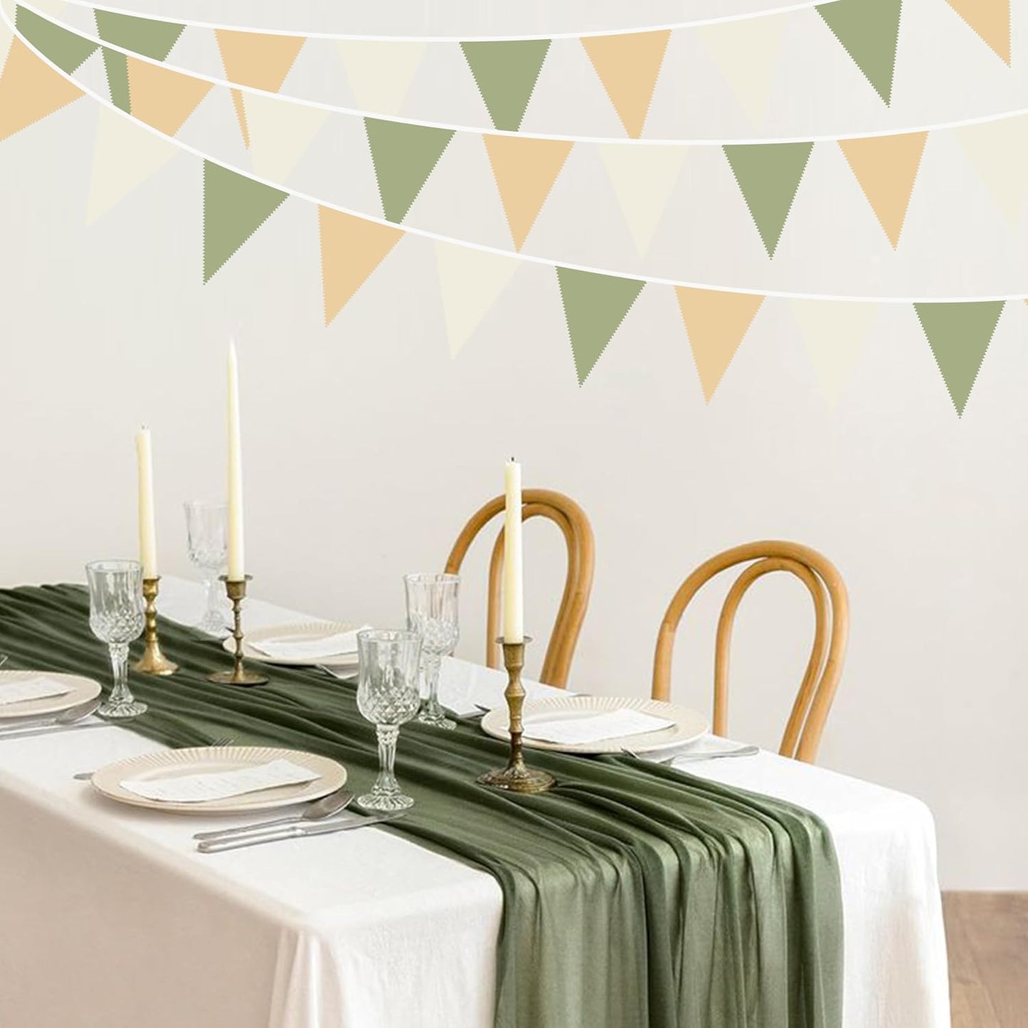 32Ft Camping Party Decorations Olive Green Tan Brown Cream Neutral Triangle Flag Fabric Banner Pennant Garland Streamers for Woodland Birthday Jungle Baby Shower Safari Camper Bachelorette Decor