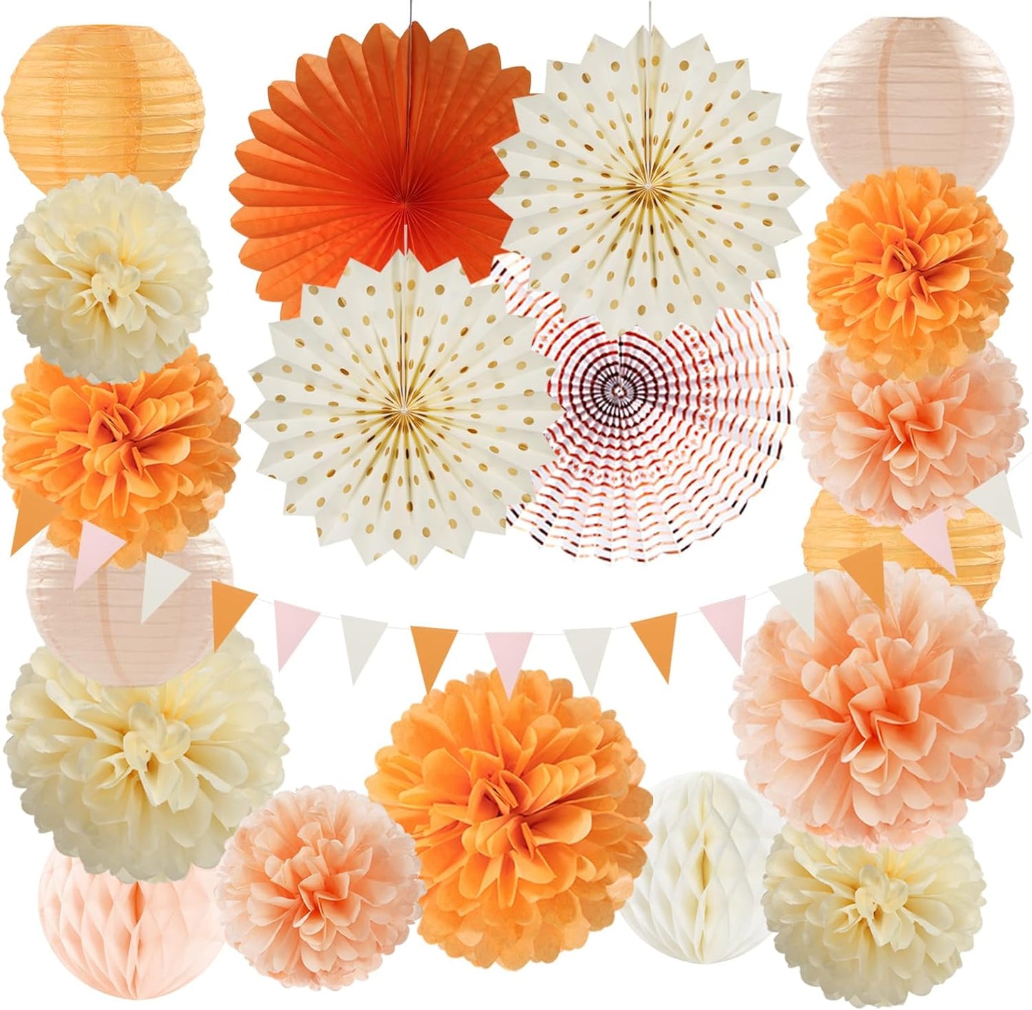 Beige-Orange Peach Fall-Boho Hanging Party-Decorations - 20pcs Autumn Friendsgiving Baby Shower Paper Lanterns Fans,Tissue Pom Poms,Honeycomb Balls,Thanksgiving Wedding Bridal Birthday Decor Burgleda