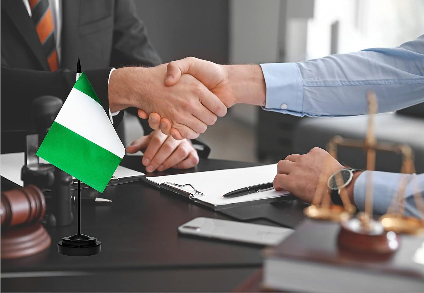 Nigeria Nigerian Deluxe Desk Flag Set Small Mini Miniature Nigeria Nigerian Table Desktop Flags With Solid Pole, Black Base and Spear Top(2 Pack)