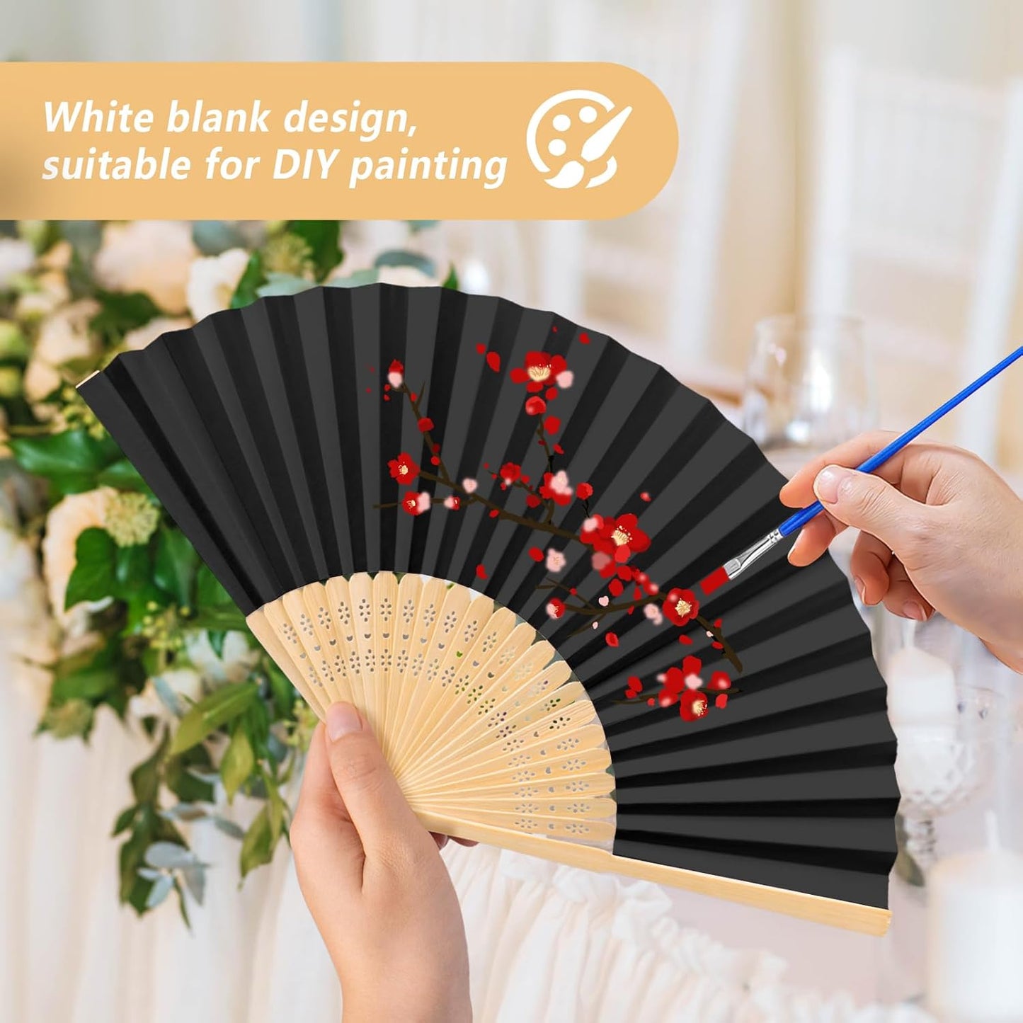 50Set Wedding Hand Fans Party Favors Black Paper Folding Handheld Fans Bulk, DIY Bamboo Fans with Thank Tag Organza Bag for Summer Guests Bridal Dancing Props Church Decoation
