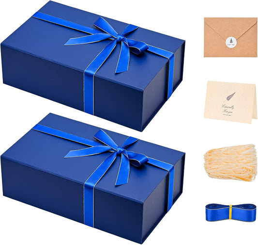LIFELUM Navy Blue Gift Boxes 2 Pack 13.85 x 8.35 x 4.45 inch, Gift Box for Presents with Ribbon,Card,Shredded Paper Filler Magnetic Closure for Business, Father's Day, Holidays,Birthdays
