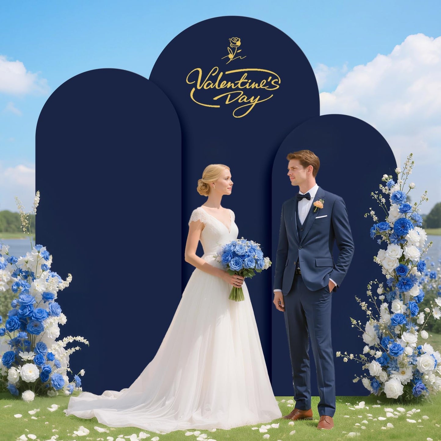 Metal Arch Backdrop Stand and Cover Set 6&6.6&7.2ft Navy Blue Arch Backdrop Covers Gold Wedding Arch Stand Set of 3 Spandex Arched Covers for Bridal Baby Shower Banquet Party Decoration