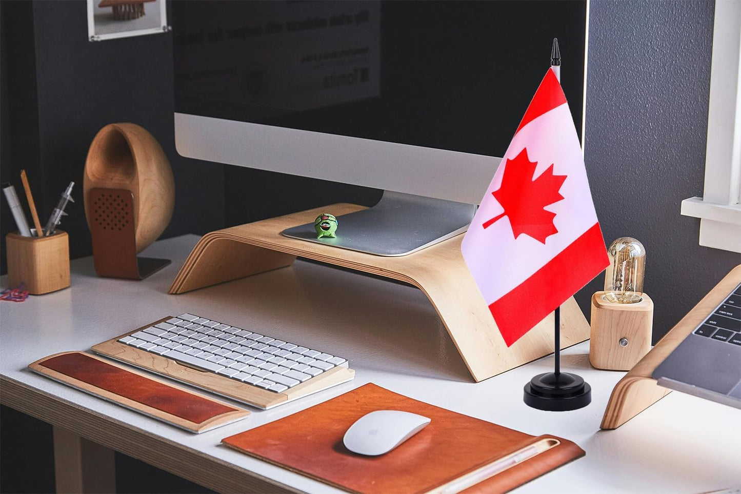 WXTWK 2 Pack Canada Flag Canada Deluxe Desk Flag Set - Mini Small Canadian Table Office Flags with Black 12" Solid Pole Stand Base Classroom Meeting Desktop Decorations