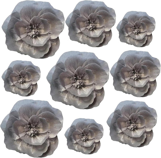 BRT Bearingshui Crepe Paper Flowers Decoration for Wall Total 9 Pcs, Artificial Flowers Backdrop for Wedding Decor Baby Bridal Shower Birthday Party, Silver 3D Wall Flowers Decor
