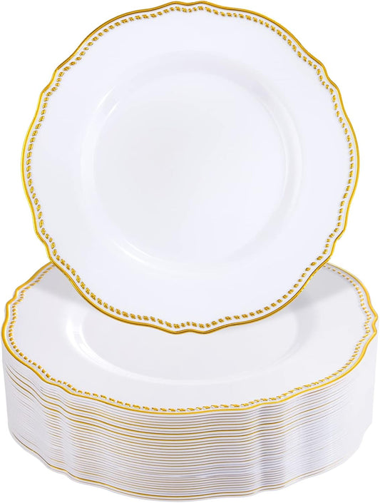 Hioasis 60pcs Gold Plastic Plates - White and Gold Disposable Dinnerware with Gold Rim, Heavy-duty, 7.5 inch, Dessert Plates for Party & Thanksgiving