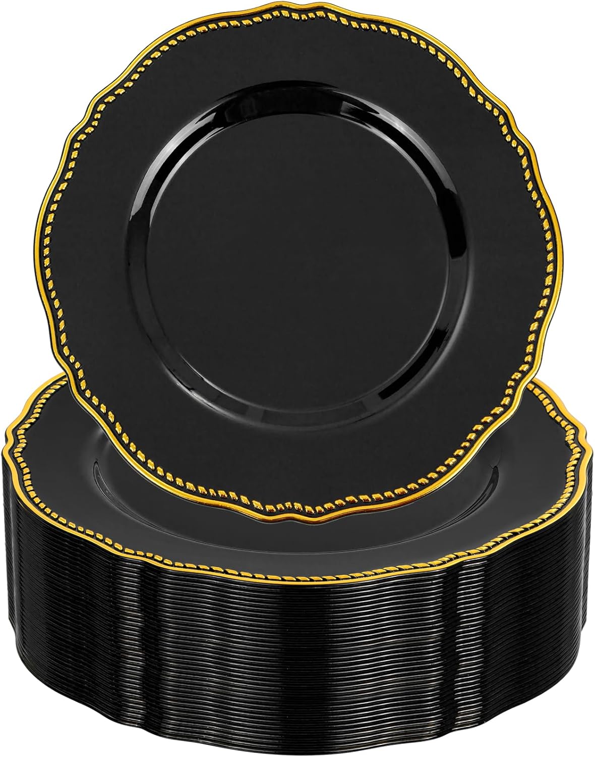 Hioasis 60pcs Black Plastic Plates - Black and Gold Disposable Dinnerware with Gold Rim, Heavy-duty, 7.5 inch, Dessert Plates for Party & Halloween