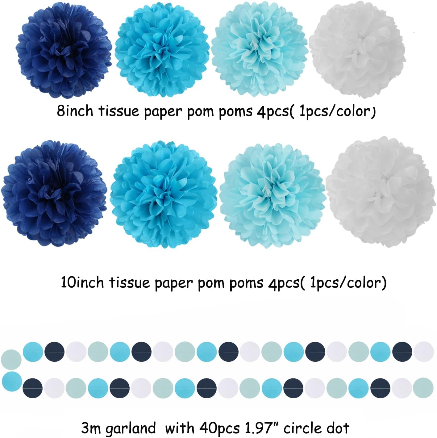 Light-Royal Navy-Blue White Pom-Poms Streamers - 30pcs Under The Sea Frozen Party-Decorations,Birthday Baby Shower Tissue Tassel Garland Banner, Bridal Wedding Engagement Decor Lasting Surprise