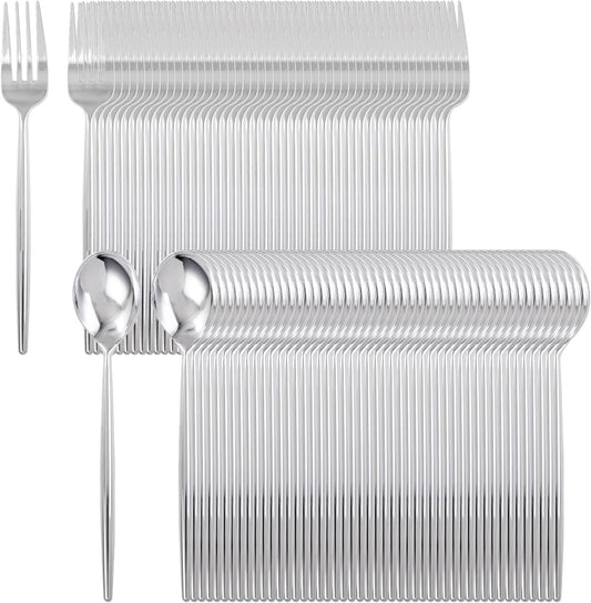 SUT 200Pcs Plastic Silverware,Plastic Spoons and Forks, Disposable Silverware,Silver Plastic Silverware, Disposable Forks and Spoons, Includes 100 forks, 100 spoons for Party, Birthday, Wedding