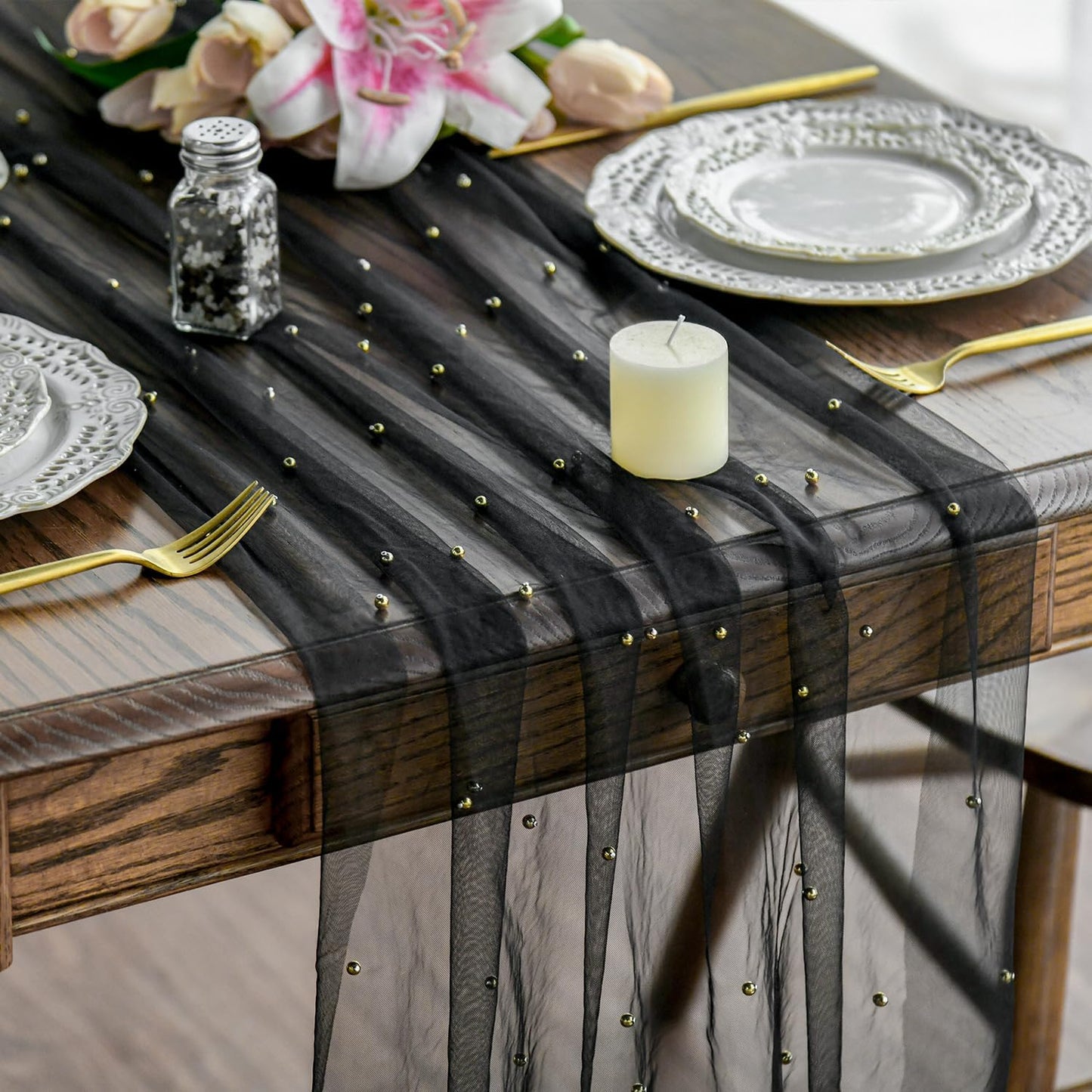 Artoid Mode Pearl Black Gauze Table Runner 120 Inch 10FT, Seasonal Sheer Dining Holiday Wedding Birthday Baby Shower Table Decor for Home Party