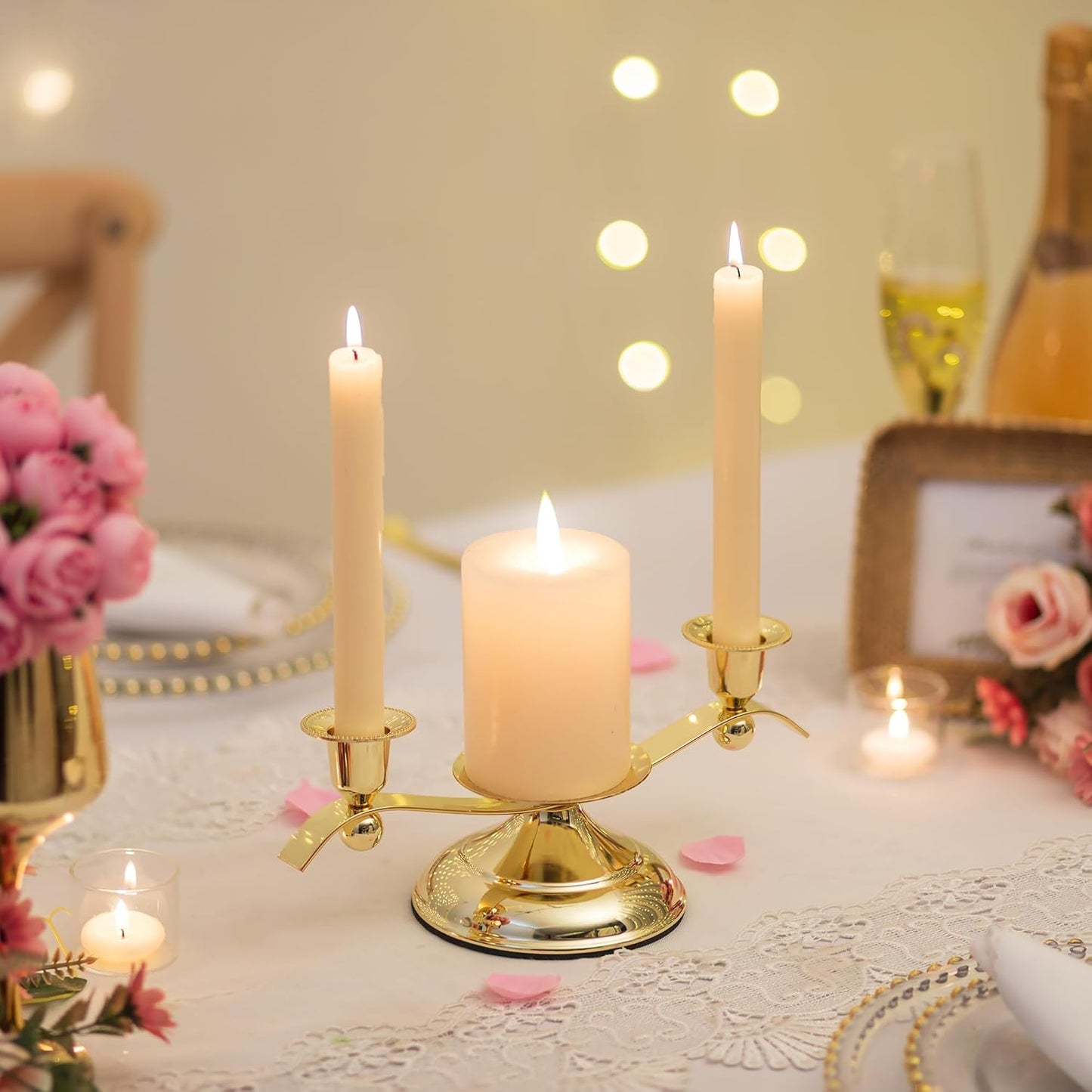 Unity Candle Holder for Wedding Ceremony Set - Romadedi 3 Arm Metal Gold Candle Stand for Pillar Taper Candlestick Unity Candles Centerpiece Decor Bride Reception Anniversary Decoration Gift