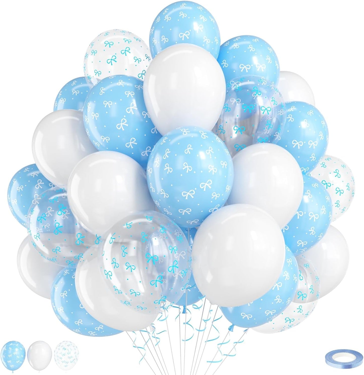 Blue Bow Balloons,12 Inch Pastel Light Blue Clear White Latex Balloon for Girls Women Birthday Bachelorette Bridal Wedding Anniversary Bow Theme Party Supplies