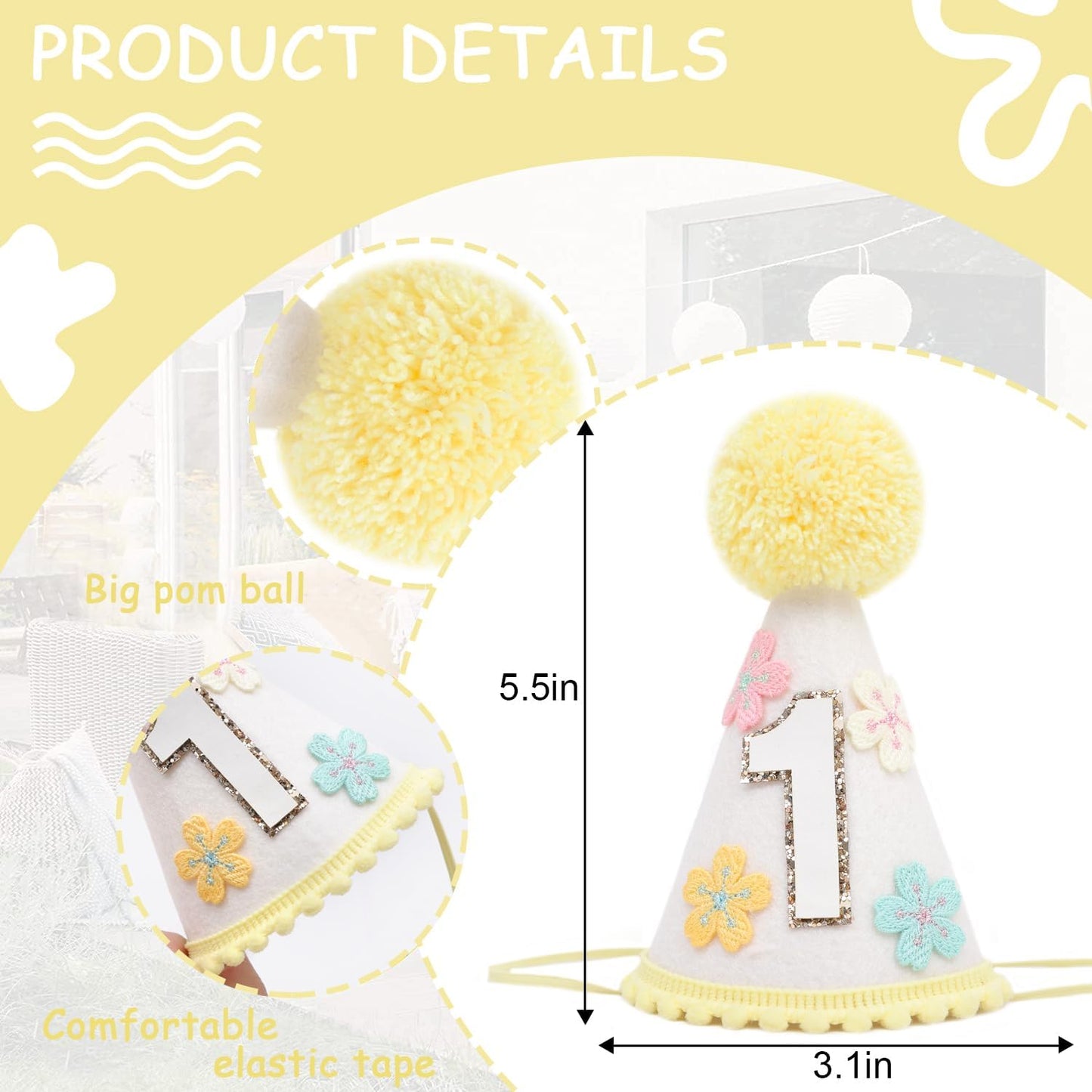 WAUAO Colorful Flower 1st Birthday Cone Hat for Girls - Cute & Adorable Floral Crown, First Birthday Decorations