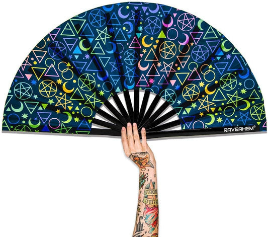UV Glow Rave Fan, Bamboo Folding Clack Hand Fans Foldable for Men Women, Boots on the Ground Poping Fan for EDM Festival Line Dance Decoration, (Alchemical Signs, Large 13")