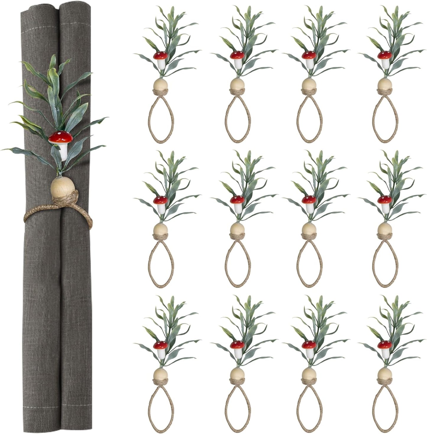 MAOANME Napkin Rings Set of 12, Rustic Eucalyptus Napkin Holder Rings with Wood Bead, Farmhouse Green Leaf Napkin Ring Bulk, Boho Napkin Ring for Wedding, Table Decor