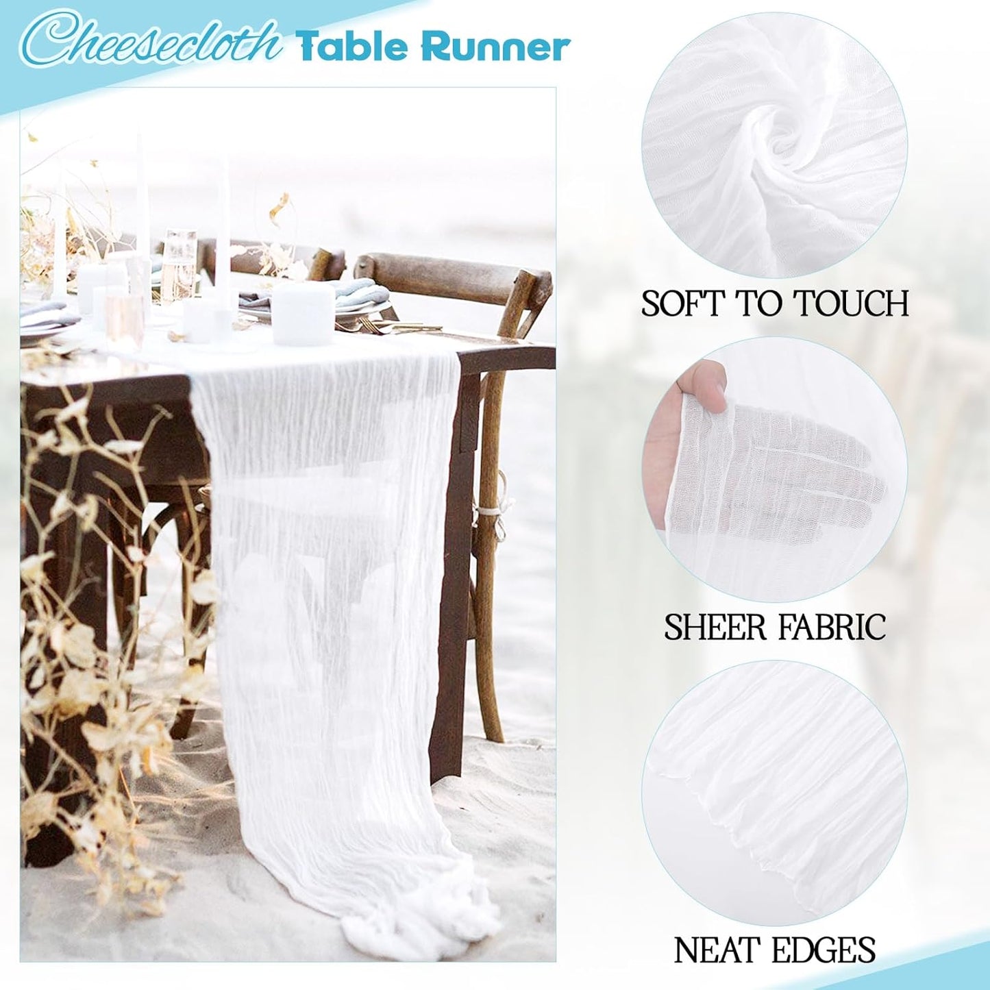 Aktor 4 Pack White Table Runner Boho Cheesecloth Table Runner Semi Sheer Gauze Fabric Runners for Wedding Birthday Baby Shower Party Boho Table Decoration（White）