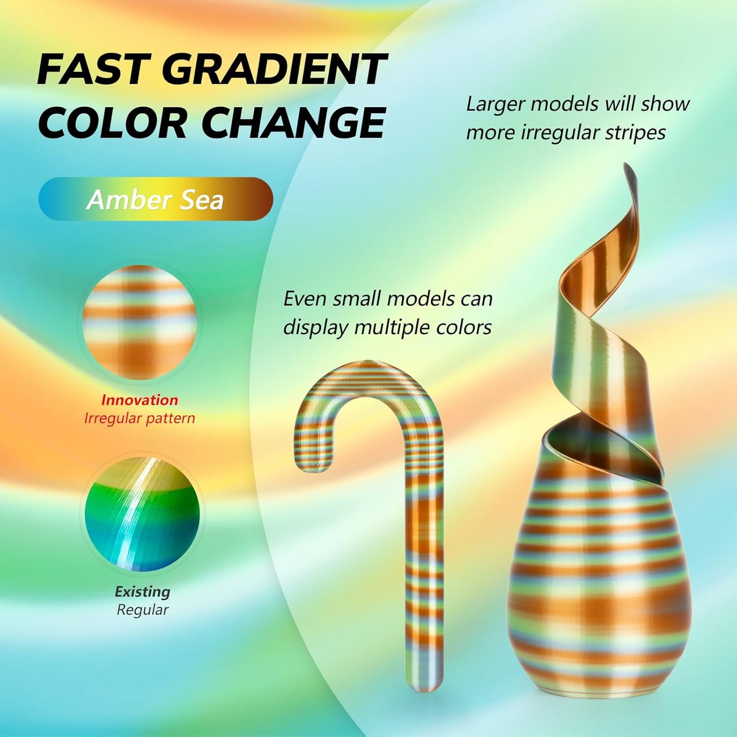 AMOLEN Silk PLA 3D Printer Filament, Shiny Multicolor Rainbow PLA Filament 1.75mm, Fast Color Change PLA 3D Printing Filament for Most FDM 3D Printer, Yellow Blue Orange, 1kg (2.2lbs)