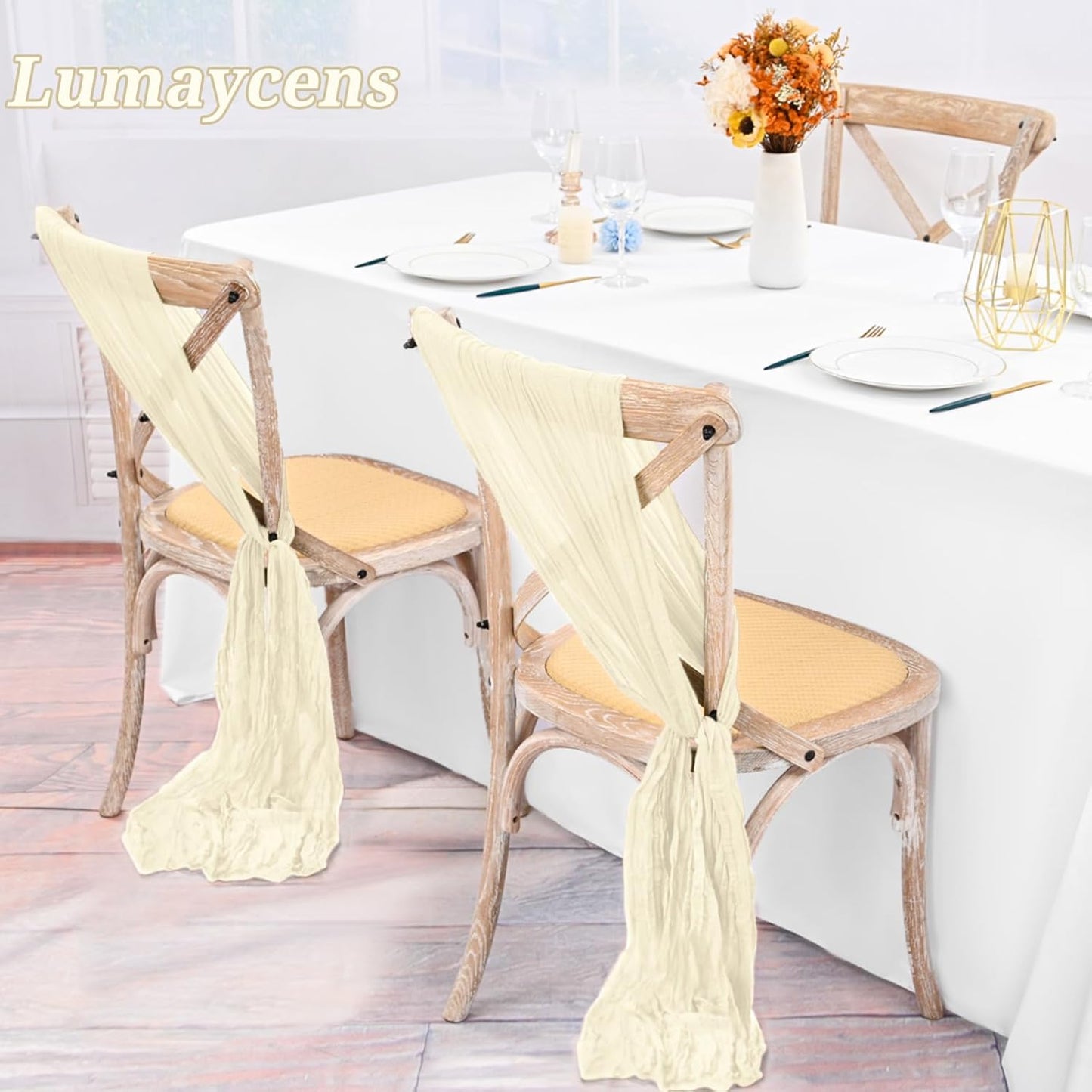 50 PCS Cheesecloth Chair Sashes Bows Wedding Aisle Decorations Chair Ribbon Ties Back Sash for Wedding Party Events Banquet Chair Cover Decoration (Ivory)