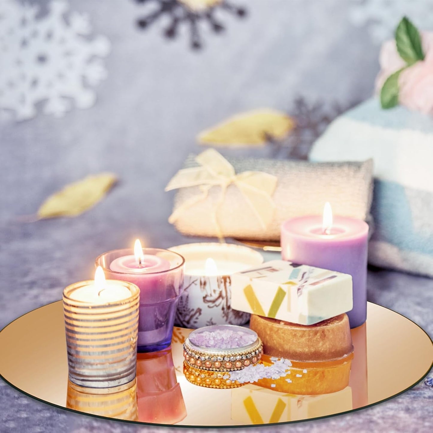 JAMBALAY 12″ Round Mirror Centerpieces for Tables, 12PCS Color Glass Mirror Table Centerpieces, Mirror Plates, Mirror Tray for Wedding, Party Centerpieces and Christmas Decorations, Gold