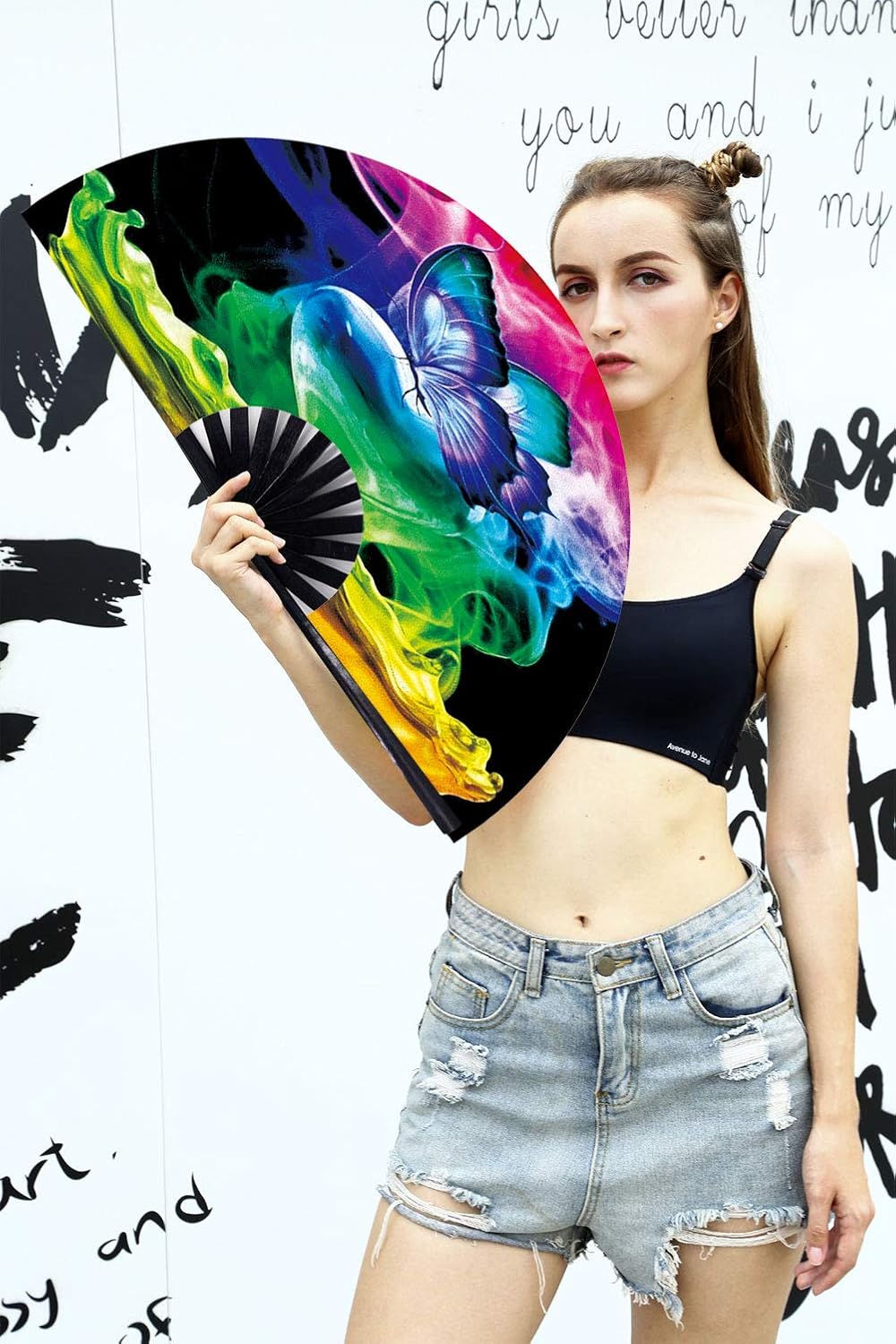 Amajiji Large Folding Hand Rave Fan Popping Fan for Line Dancing Clacking Fans for Boots On The Ground Dance,Party,Decoration,Festival (Butterfly Dream)