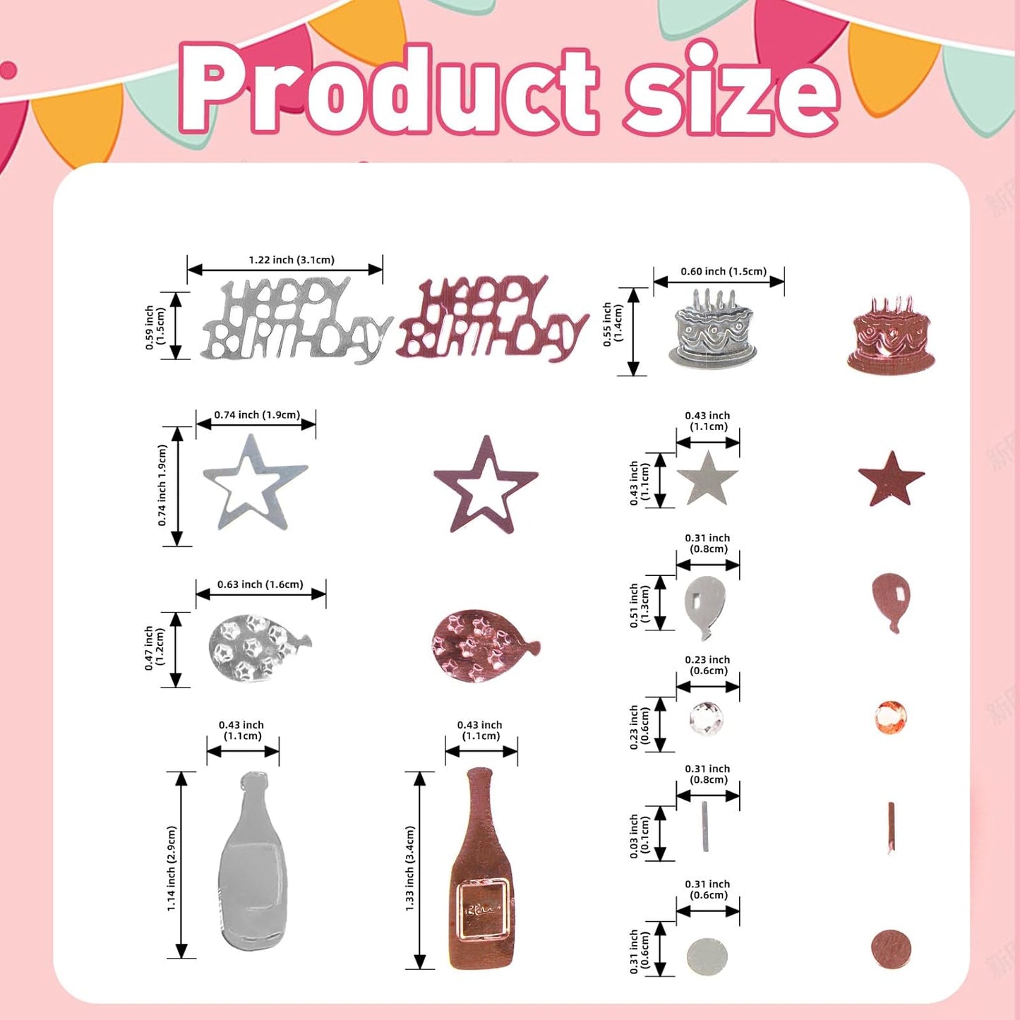 Rose Gold and Silver Happy Birthday Confetti, 3000 Pcs Birthday Cake Table Metallic Foil Confetti Party Table Decor for Party, Baby Shower, DIY Arts and Crafting