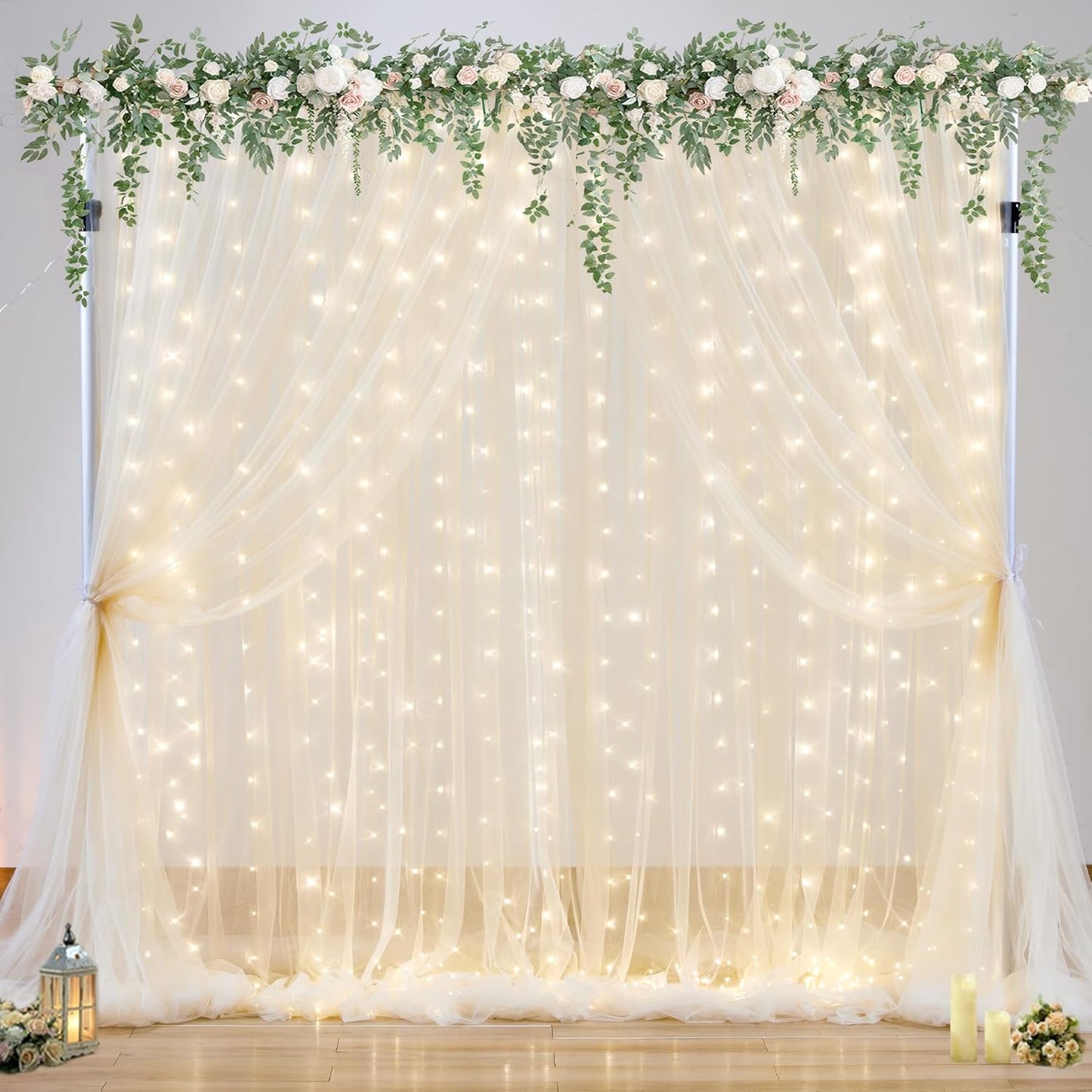 Champagne Tulle Photo Backdrop Curtain with Lights String for Parties Wedding Bridal Shower Sheer Champagne Curtain Backdrop for Birthday Baby Shower Photo Booth Photography 10ft x 8ft