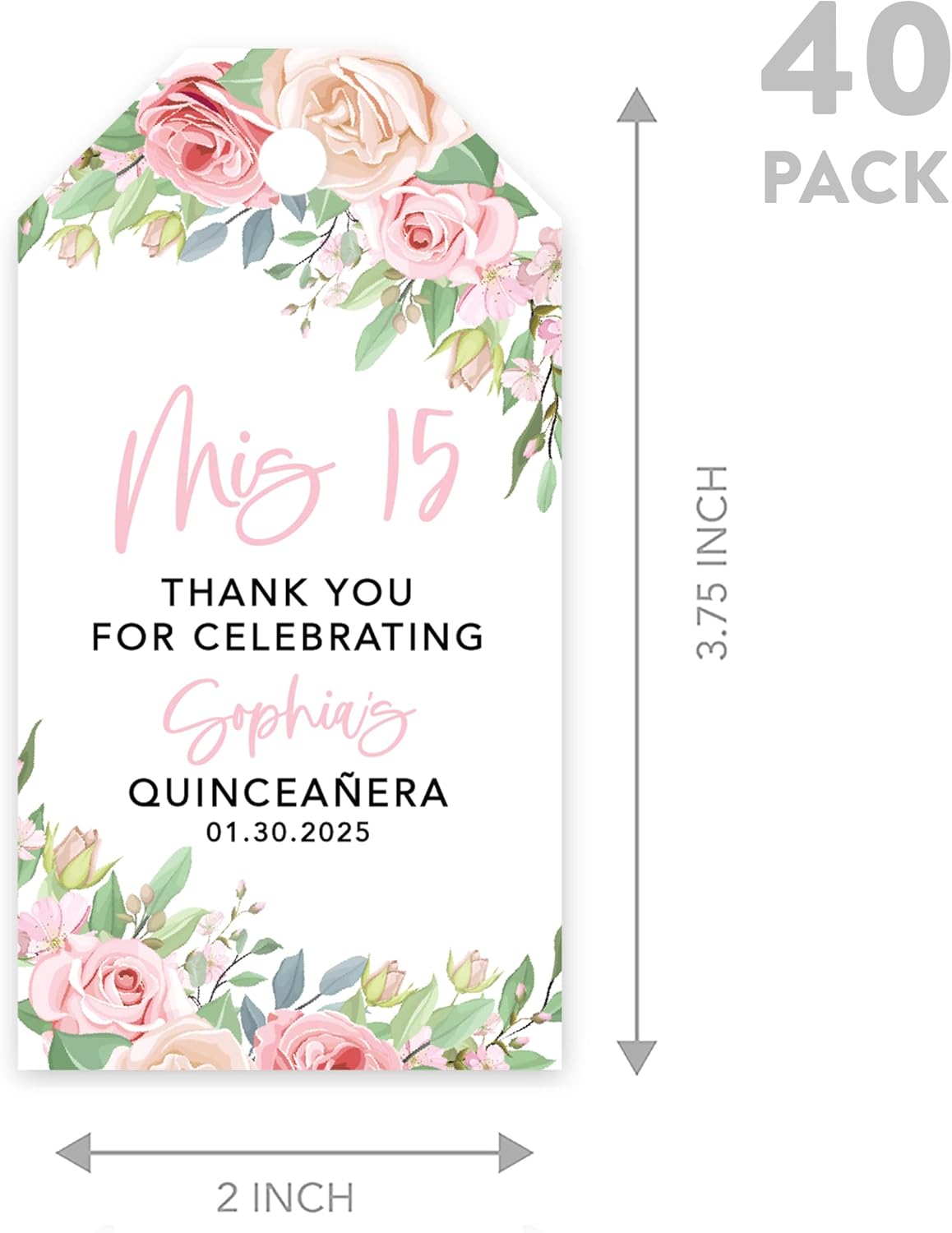 Andaz Press 40-Pack Personalized Quinceañera Favor Tags with String, Pink & Cream Roses Custom Classic Thank You Gift Tags for Mis Quince Años XV 15th Birthday Favor Gifts Quince Decorations