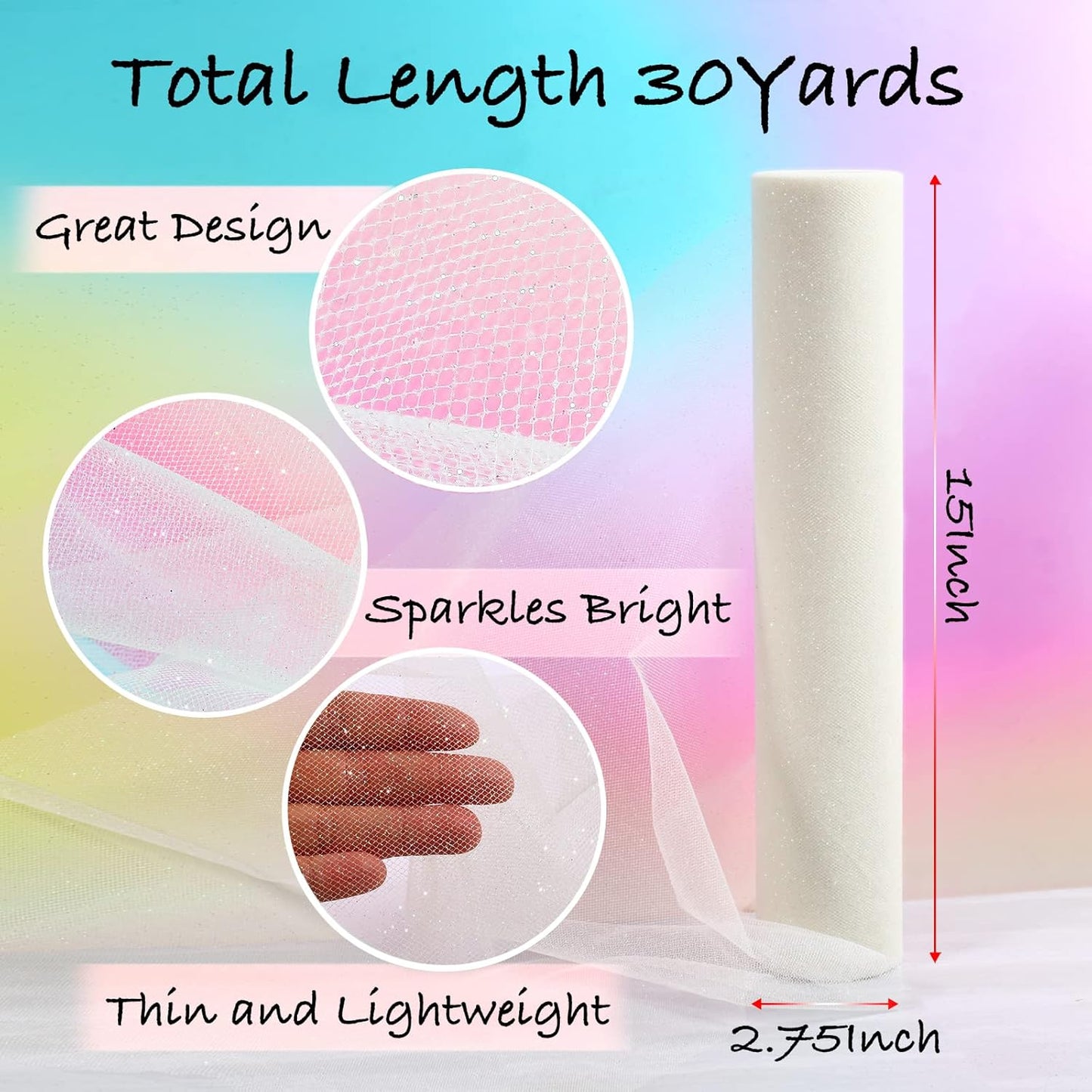 ICOSHOW Sparkling Tulle Rolls, 15” by 30 Yards (90FT) Glitter Tulle Spool Ribbon Fabric for Wedding Birthday Bridal Shower Tutu Skirt Party Gift Wrapping (Ivory)