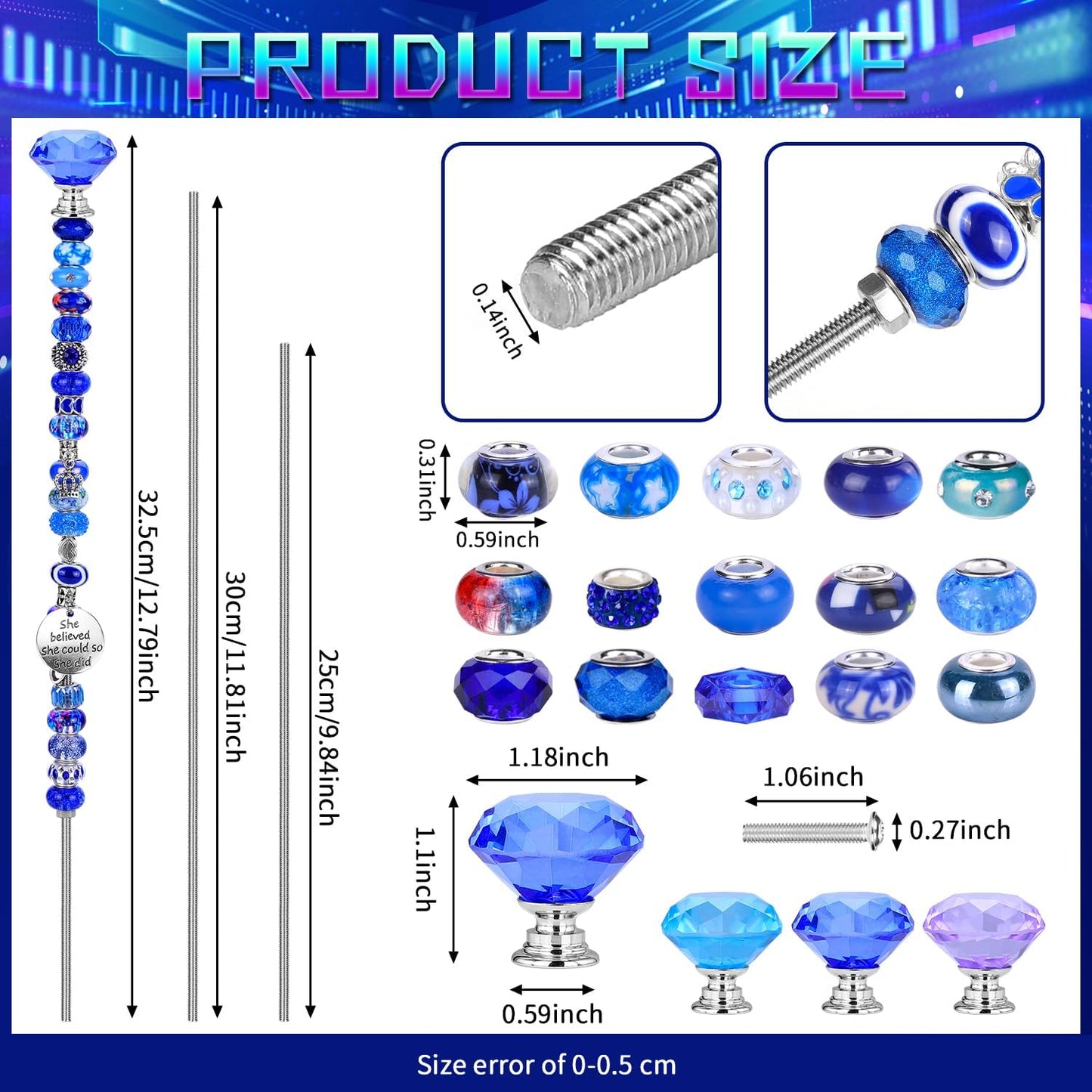 DIY Fairy Wand Garden Beads Stakes Wands Kit,Multiple Color Scheme European Beads Crystal Diamond Tops and 12 or 10 Inch Threaded Rods,Stainless Steel Stakes with Diamond Toppe(Purple+Aqua+Sapphire)