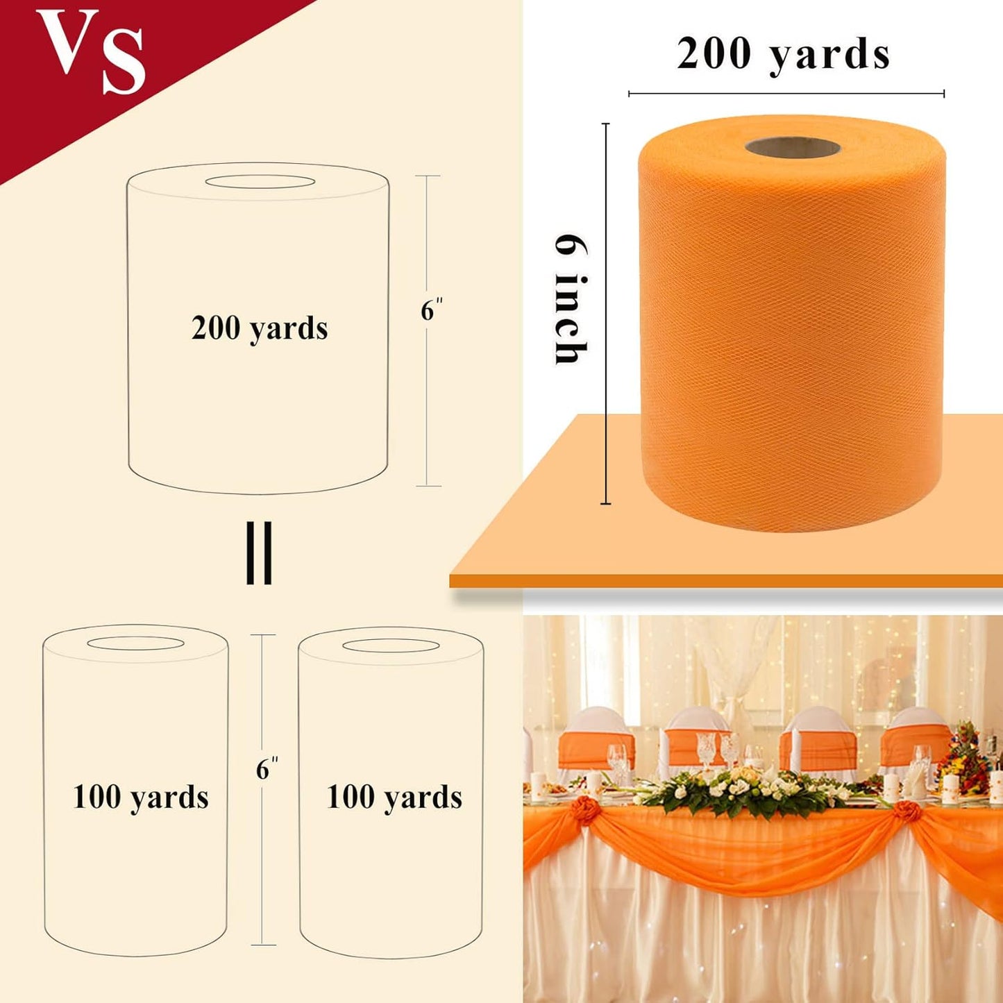 Orange Tulle Fabric Rolls 6 Inch by 200 Yards (600 feet) Fabric Spool Tulle Ribbon for DIY Orange Tutu Bow Baby Shower Birthday Party Wedding Decorations Craft Supplies