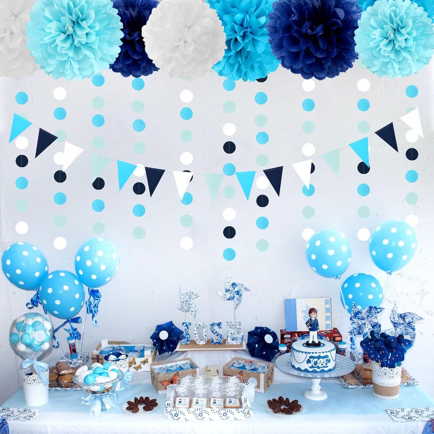 Light-Royal Navy-Blue White Pom-Poms Streamers - 30pcs Under The Sea Frozen Party-Decorations,Birthday Baby Shower Tissue Tassel Garland Banner, Bridal Wedding Engagement Decor Lasting Surprise
