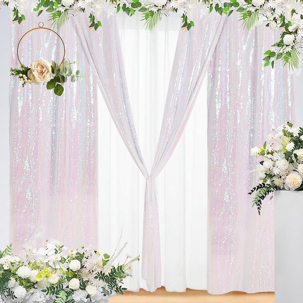 Eternal Beauty White Iridescence Sequin Backdrop Curtains, Shimmer Back Drop 4Panels-2FTx8FT for Christmas, Party, Birthday, Photography, Wedding, Baby Shower Event Decoration