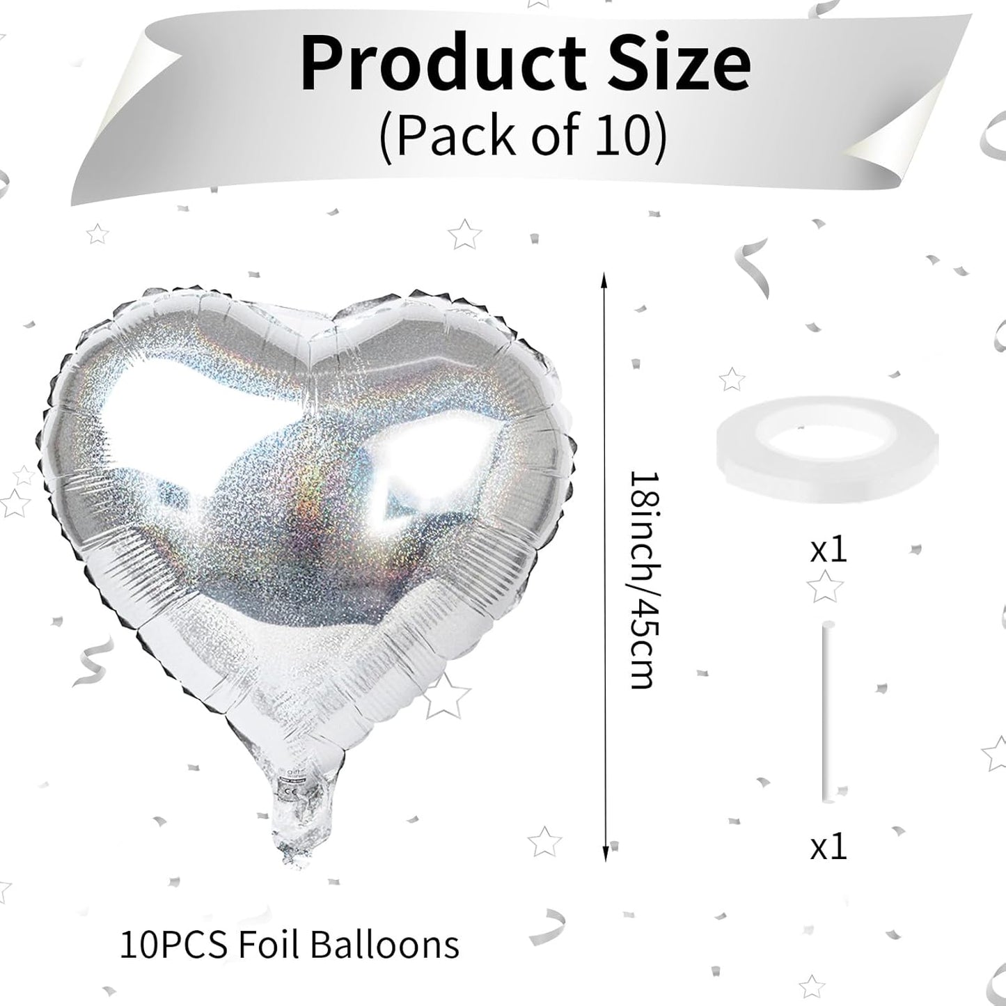 Glitter Silver Foil Heart Balloons, 10PCS Silver Heart Shape Balloons, Valentines Balloons 18inch Love Foil Balloons Helium for Valentines Day, Wedding, Brithday, Baby Shower Party Decorations