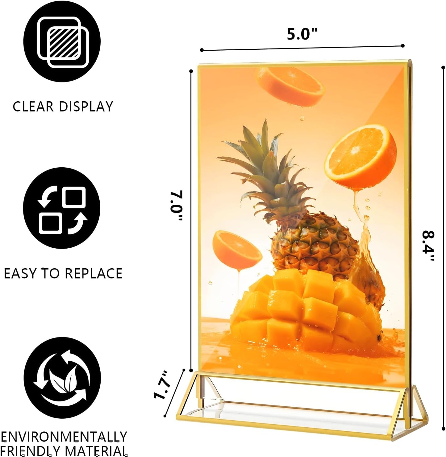 Acrylic Sign Holder, 5 x 7 Inch Gold Frames, 8 Pack Double-Sided Gold Display Stand Picture Frames, Table Signs Holders for Table Menus, Offices, Weddings, Flyers and Photo Frame (8 PCS)