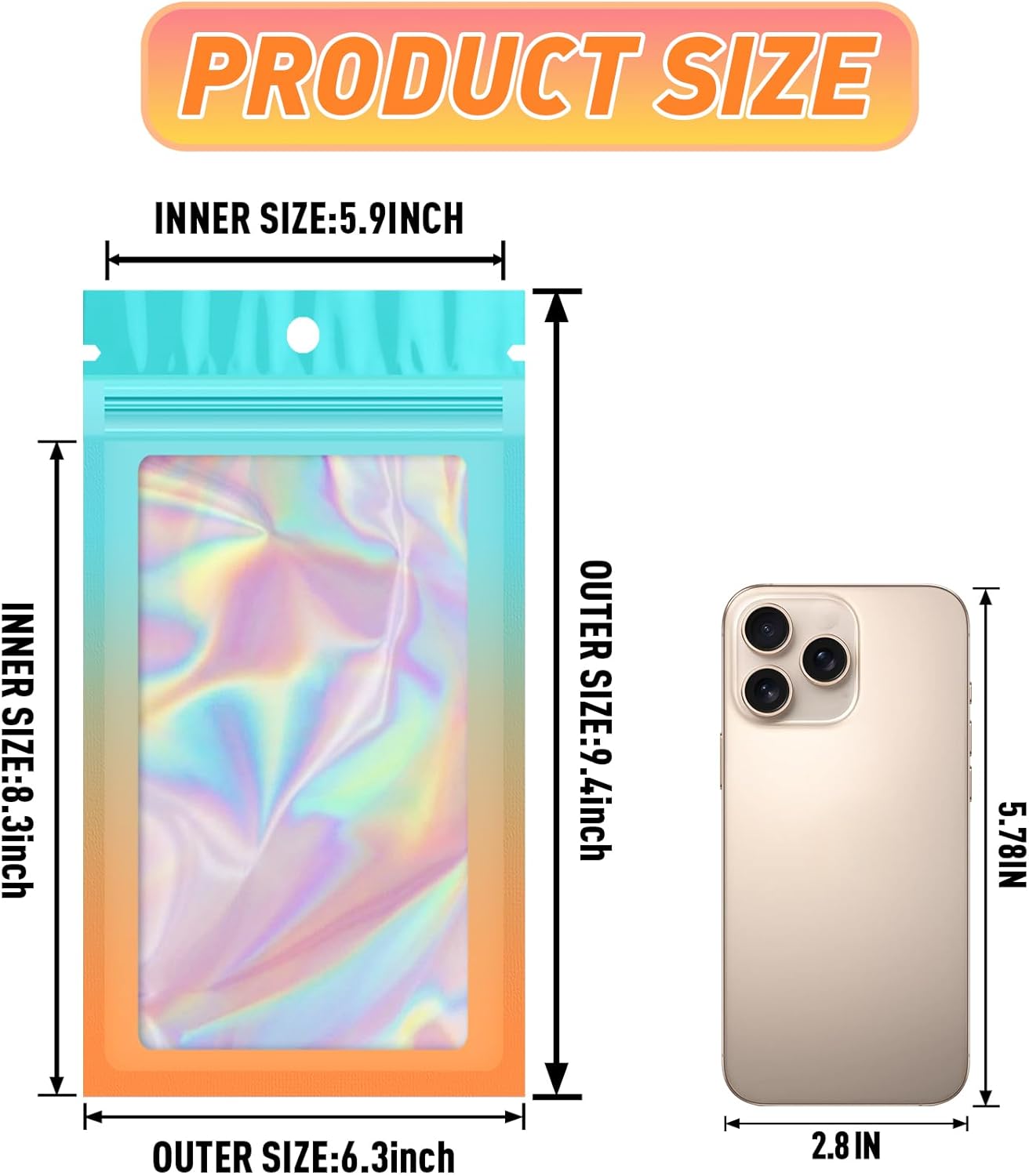 Funfery 100 Pack Gradient Holographic Bags,Mylar Resealable Bag with Zipper,Clear Window Packaging Pouch,Smell Proof Foil Bag for Food Storage,Sample Jewelry Baggies(6.3x9.4In,Blue Orange)