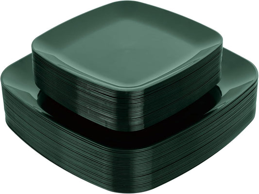 PULOTE 60PCS Green Square Plastic Plates - Green Disposable for 30 Green Guests Include 30 Dinner and 30 Dessert Plates for Party&Christmas