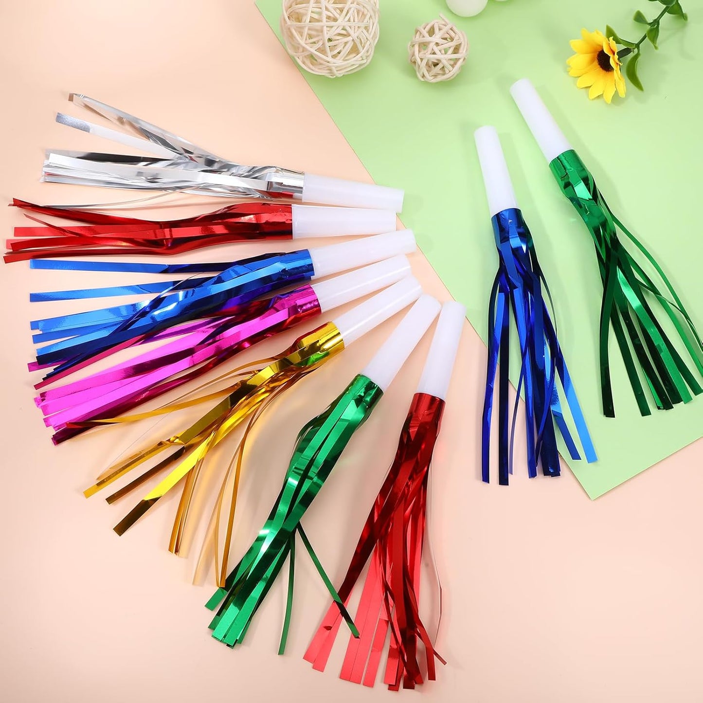 24 Pcs Party Horns, Party blowers Noise Makers, Graduation Noise Makers Glitter Metallic Fringed Birthday Blowers for Wedding Birthday Graduation Ceremony Festival (6 Colors)