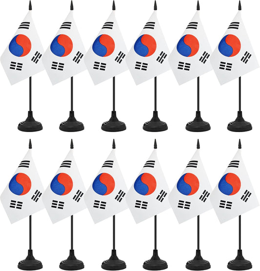 12 Pack Korea Desk Flag Set, Korean Table Office Flag, Small Miniature Desktop Flag With Black Pole and Black Base, Classroom, Offices Meeting Desk Decoration (Korea)